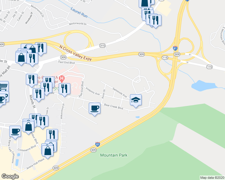 map of restaurants, bars, coffee shops, grocery stores, and more near 12 Penrose Street in Plains