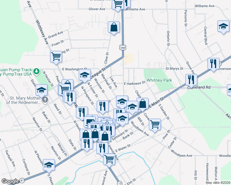 map of restaurants, bars, coffee shops, grocery stores, and more near 16 Marshall Street in Norwalk