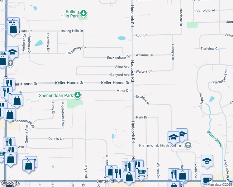 map of restaurants, bars, coffee shops, grocery stores, and more near 3892 Miner Drive in Brunswick