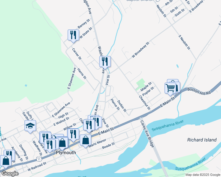 map of restaurants, bars, coffee shops, grocery stores, and more near 238 Gould St in Larksville