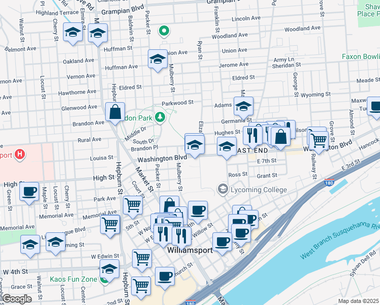 map of restaurants, bars, coffee shops, grocery stores, and more near 127 Washington Boulevard in Williamsport