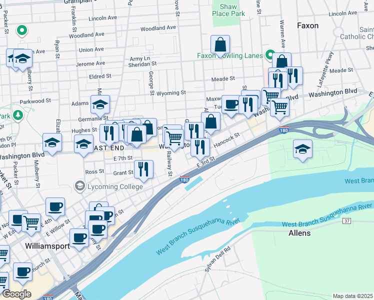 map of restaurants, bars, coffee shops, grocery stores, and more near 726 Washington Boulevard in Williamsport