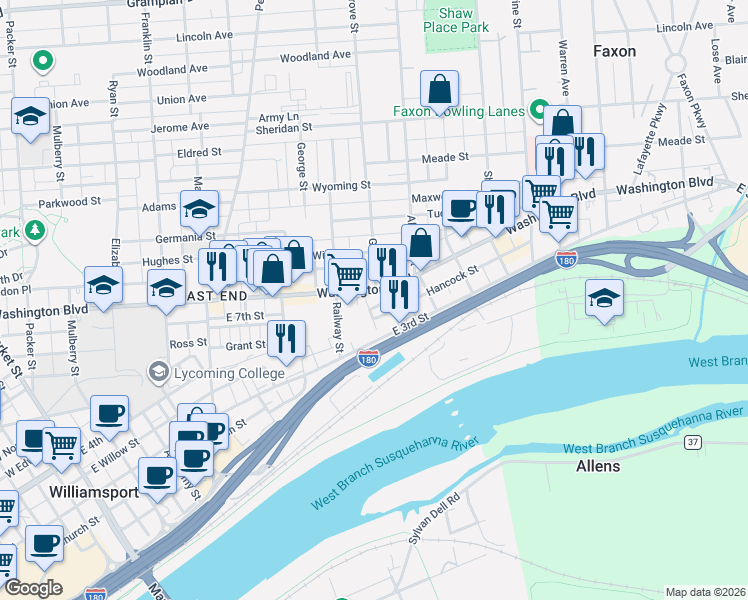 map of restaurants, bars, coffee shops, grocery stores, and more near 726 Washington Boulevard in Williamsport