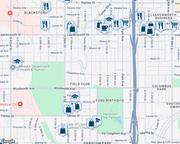 map of restaurants, bars, coffee shops, grocery stores, and more near 3221 Poppleton Avenue in Omaha