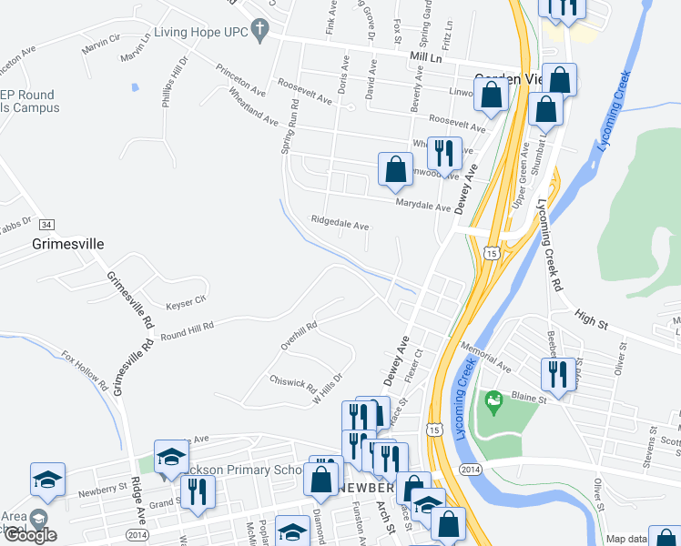 map of restaurants, bars, coffee shops, grocery stores, and more near 21 Round Hill Road in Williamsport