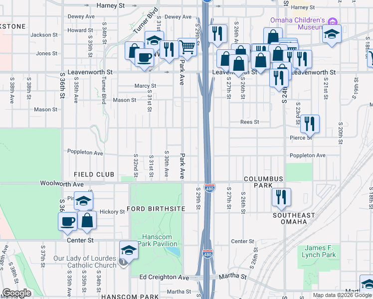 map of restaurants, bars, coffee shops, grocery stores, and more near 1137 Park Avenue in Omaha