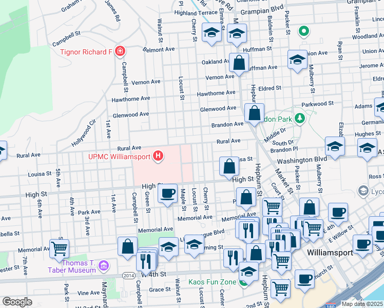 map of restaurants, bars, coffee shops, grocery stores, and more near 600-698 Louisa Street in Williamsport