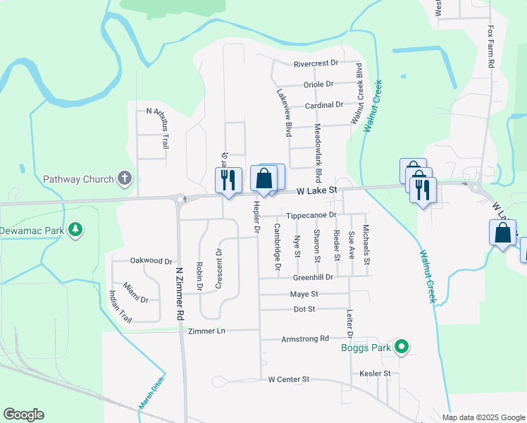 map of restaurants, bars, coffee shops, grocery stores, and more near 1835 Cambridge Drive in Warsaw