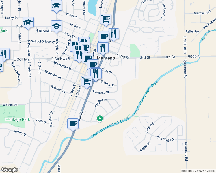 map of restaurants, bars, coffee shops, grocery stores, and more near 163 East Adams Street in Manteno