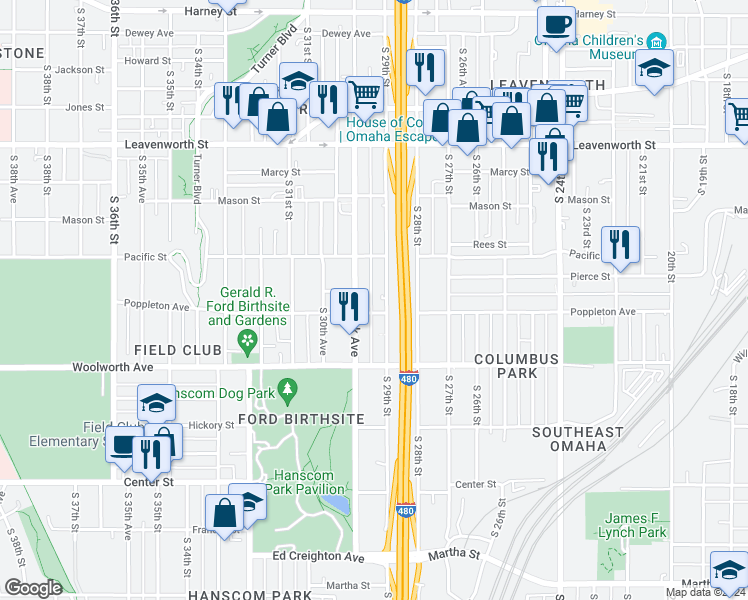 map of restaurants, bars, coffee shops, grocery stores, and more near in Omaha