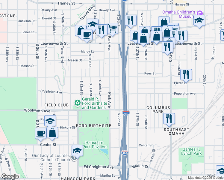 map of restaurants, bars, coffee shops, grocery stores, and more near in Omaha