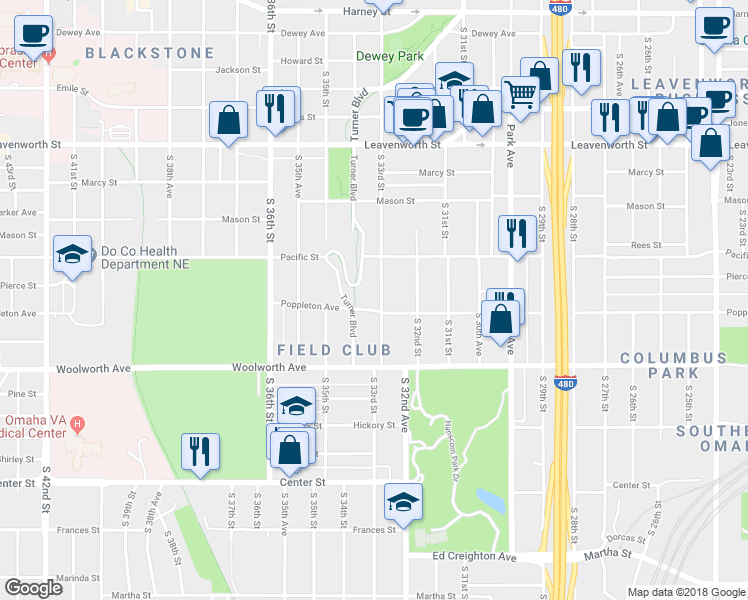map of restaurants, bars, coffee shops, grocery stores, and more near 3221 Poppleton Avenue in Omaha