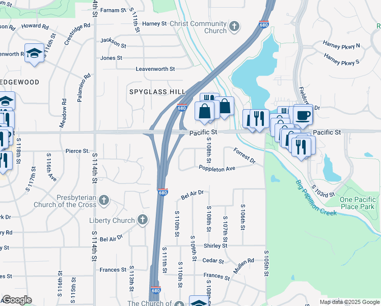 map of restaurants, bars, coffee shops, grocery stores, and more near 1227 South 109th Street in Omaha