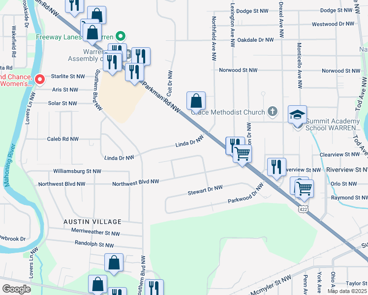 map of restaurants, bars, coffee shops, grocery stores, and more near 2321 Linda Drive Northwest in Warren