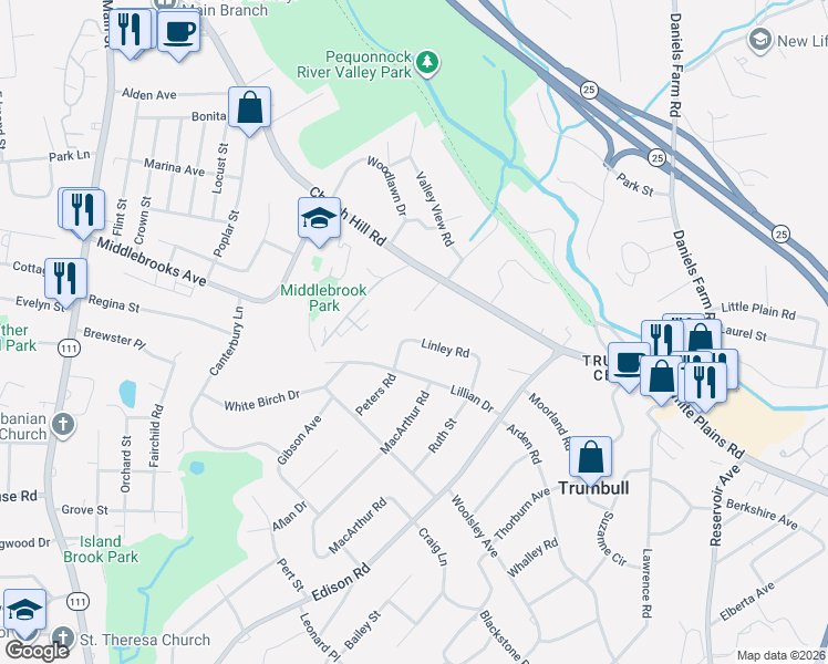 map of restaurants, bars, coffee shops, grocery stores, and more near 53 Linley Road in Trumbull