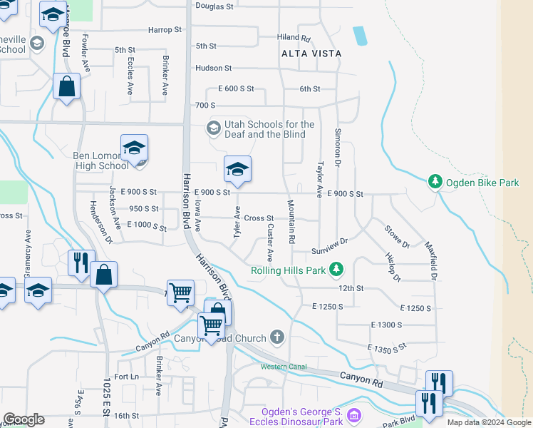 map of restaurants, bars, coffee shops, grocery stores, and more near 1348 Cross Street in Ogden