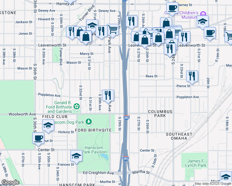 map of restaurants, bars, coffee shops, grocery stores, and more near in Omaha