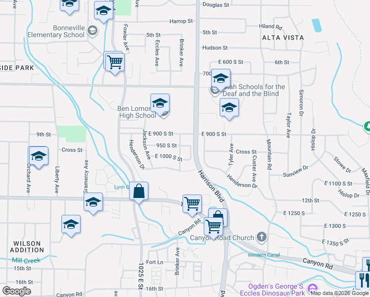 map of restaurants, bars, coffee shops, grocery stores, and more near 1115 Cross Street in Ogden
