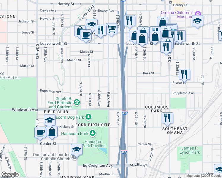 map of restaurants, bars, coffee shops, grocery stores, and more near in Omaha