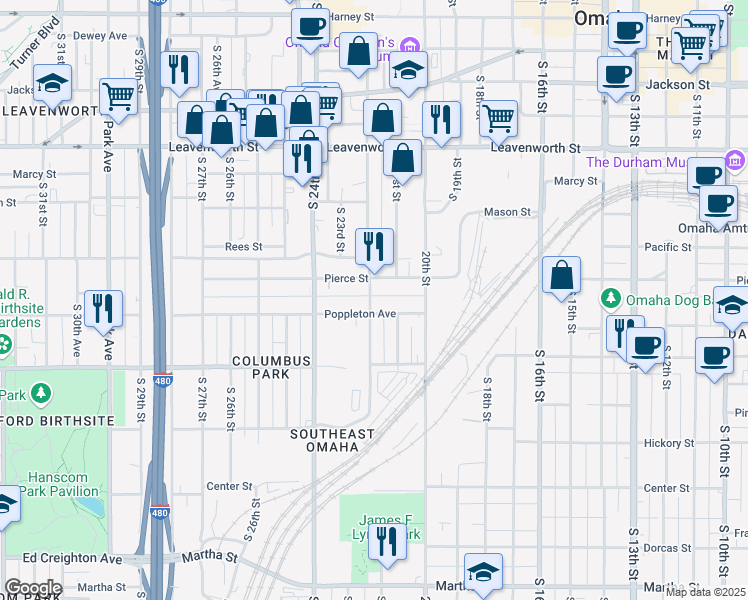 map of restaurants, bars, coffee shops, grocery stores, and more near 1227 South 22nd Street in Omaha