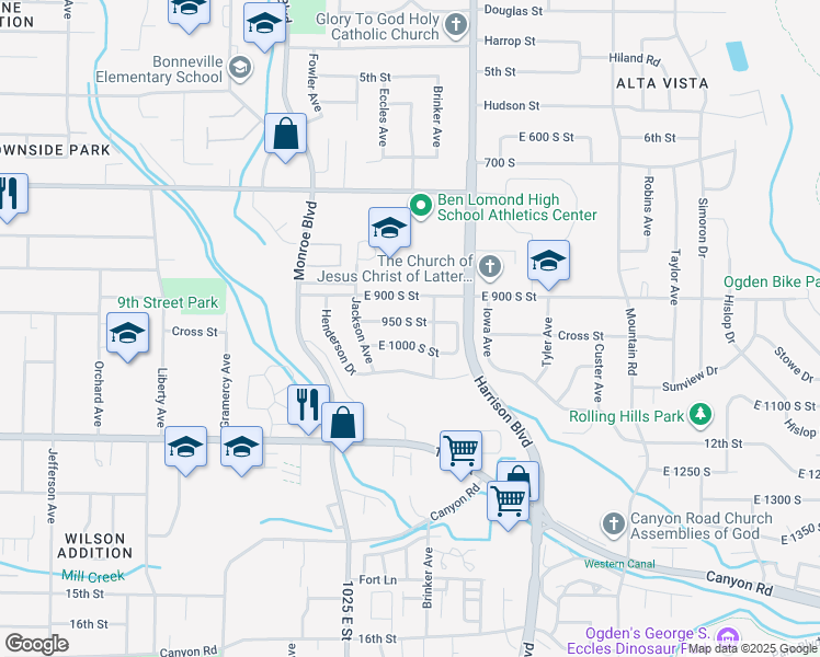 map of restaurants, bars, coffee shops, grocery stores, and more near 1061 Cross Street in Ogden