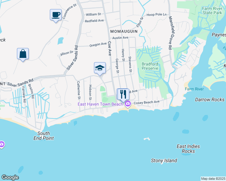 map of restaurants, bars, coffee shops, grocery stores, and more near 44 Coe Avenue in East Haven