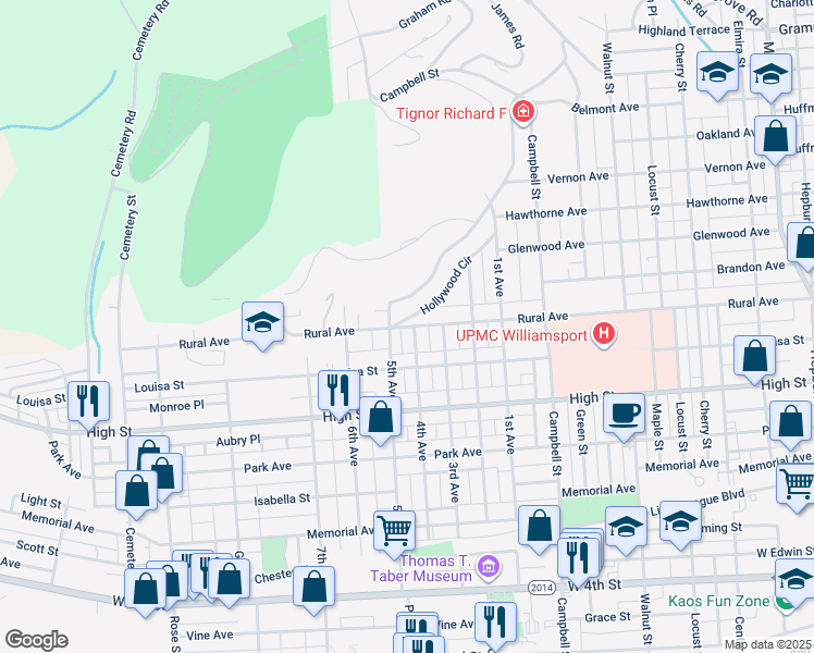 map of restaurants, bars, coffee shops, grocery stores, and more near Rural Avenue in Williamsport