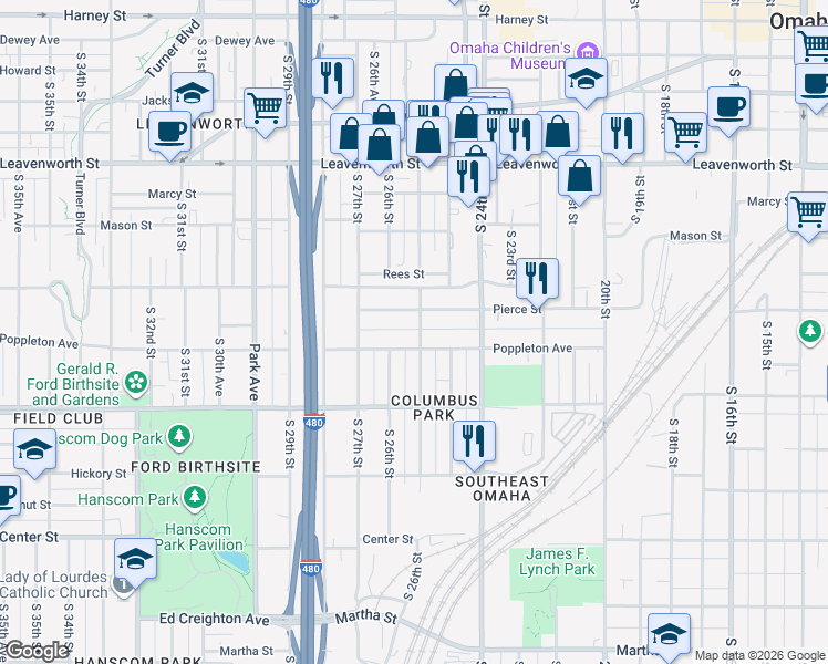 map of restaurants, bars, coffee shops, grocery stores, and more near 2514 Poppleton Avenue in Omaha