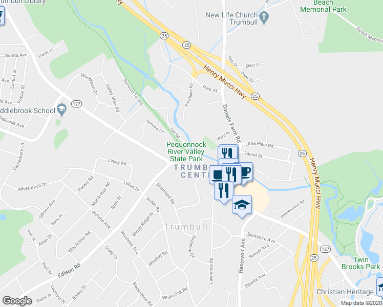 map of restaurants, bars, coffee shops, grocery stores, and more near 17 Taits Mill Road in Trumbull