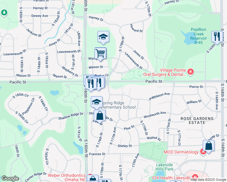 map of restaurants, bars, coffee shops, grocery stores, and more near 17710 Poppleton Avenue in Omaha