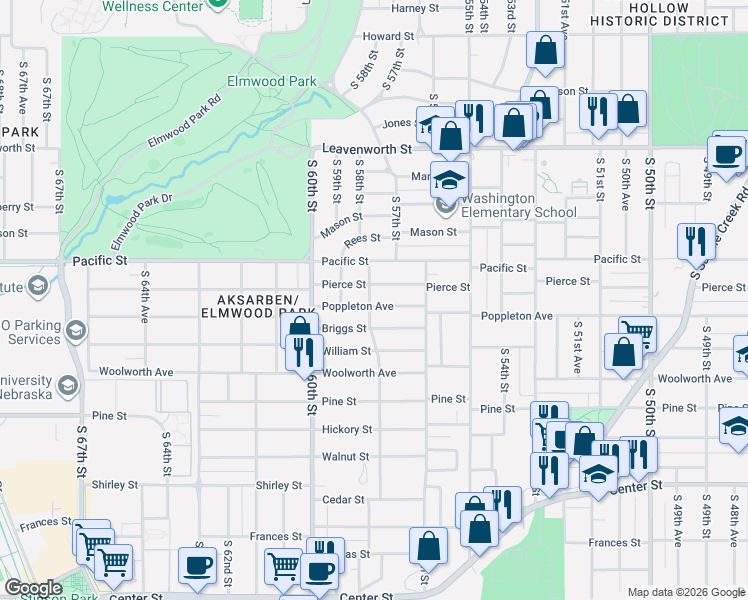 map of restaurants, bars, coffee shops, grocery stores, and more near 5637 Poppleton Avenue in Omaha
