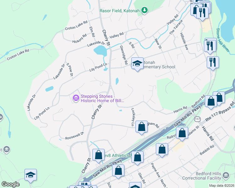 map of restaurants, bars, coffee shops, grocery stores, and more near 16 Harris Road in Katonah