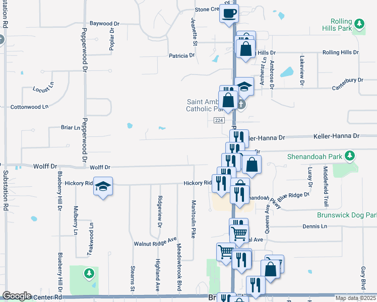 map of restaurants, bars, coffee shops, grocery stores, and more near 4403 Wolff Drive in Brunswick