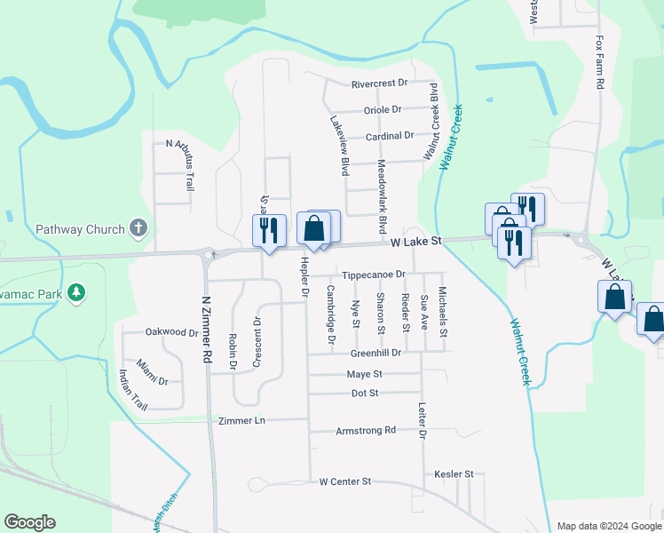 map of restaurants, bars, coffee shops, grocery stores, and more near 1835 Cambridge Drive in Warsaw