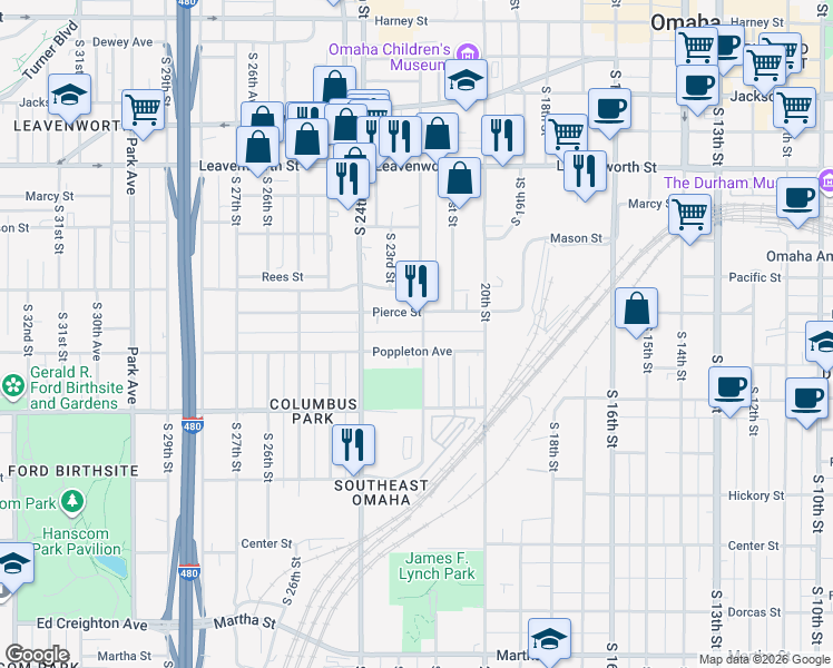 map of restaurants, bars, coffee shops, grocery stores, and more near 1227 South 22nd Street in Omaha