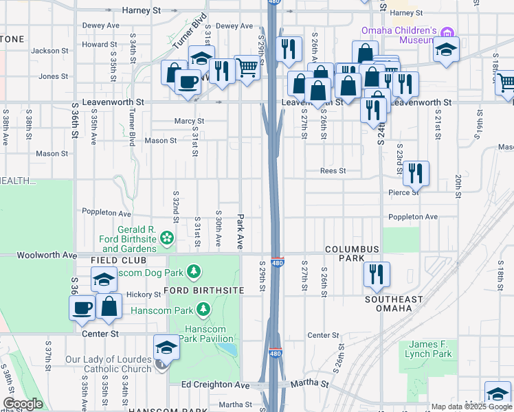 map of restaurants, bars, coffee shops, grocery stores, and more near in Omaha