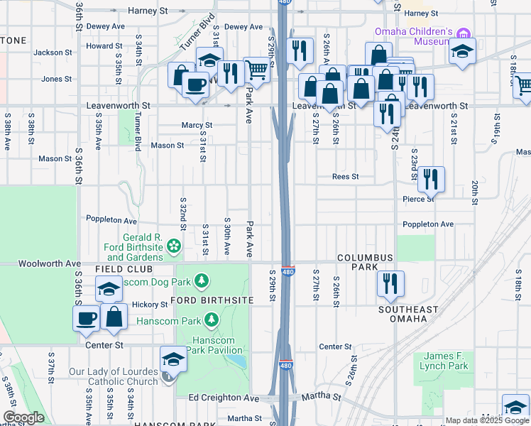 map of restaurants, bars, coffee shops, grocery stores, and more near in Omaha