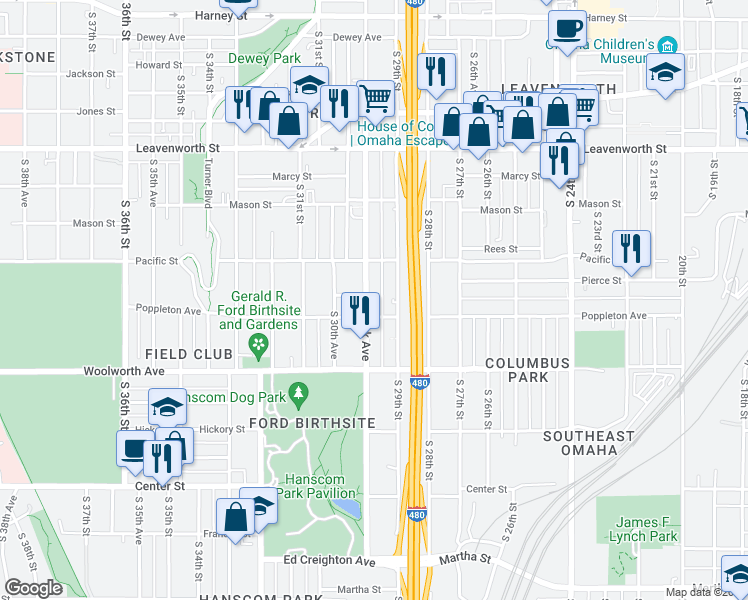 map of restaurants, bars, coffee shops, grocery stores, and more near in Omaha