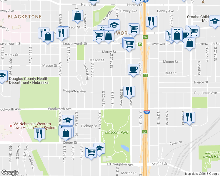 map of restaurants, bars, coffee shops, grocery stores, and more near 3124 Poppleton Avenue in Omaha