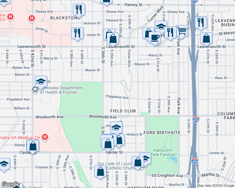 map of restaurants, bars, coffee shops, grocery stores, and more near 1302 South 35th Street in Omaha