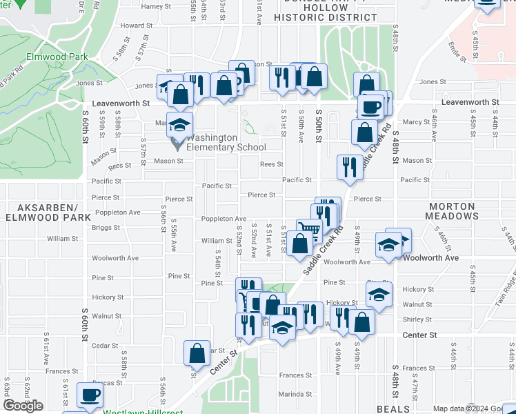 map of restaurants, bars, coffee shops, grocery stores, and more near 5142 Poppleton Avenue in Omaha