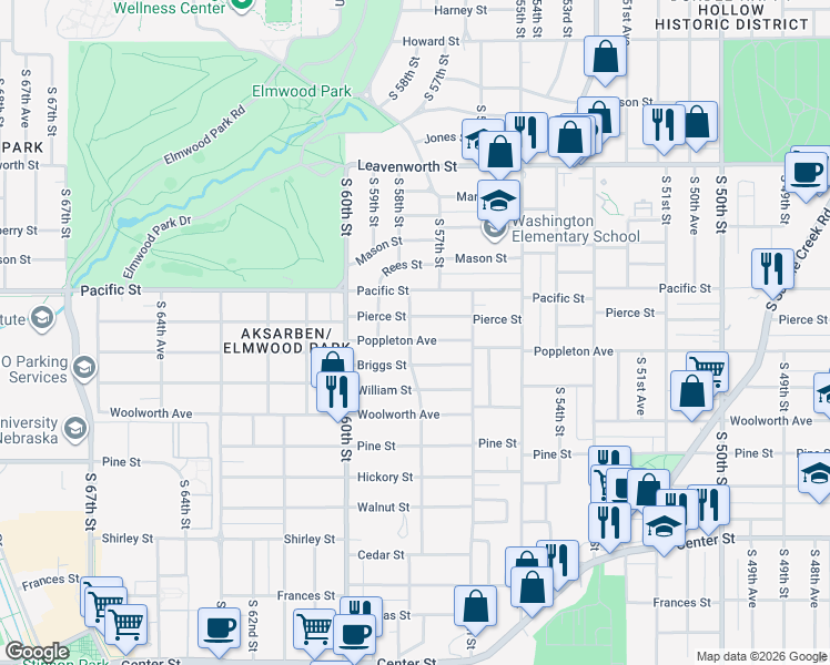 map of restaurants, bars, coffee shops, grocery stores, and more near 5637 Poppleton Avenue in Omaha