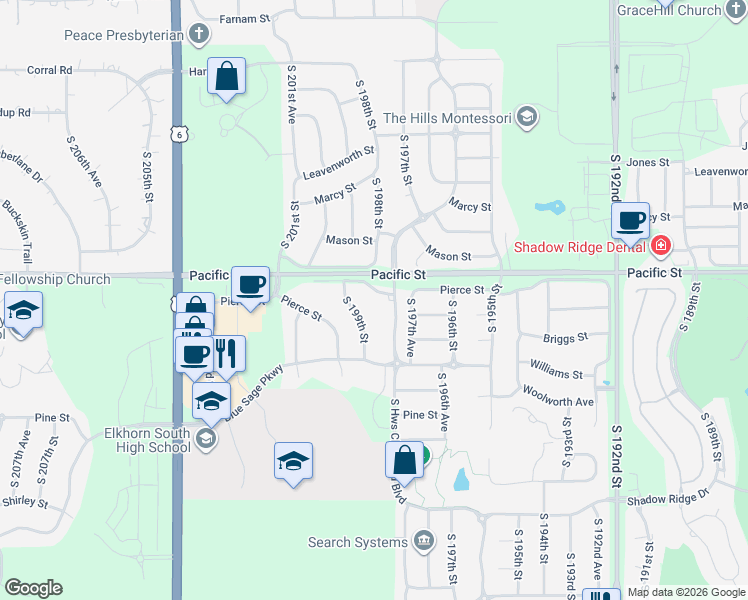 map of restaurants, bars, coffee shops, grocery stores, and more near 1227 South 199th Street in Omaha