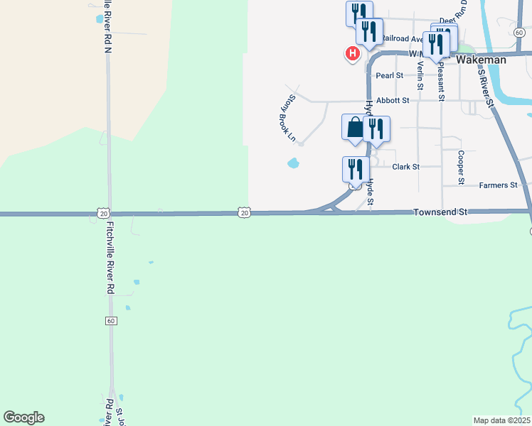 map of restaurants, bars, coffee shops, grocery stores, and more near 4915 U.S. 20 in Wakeman