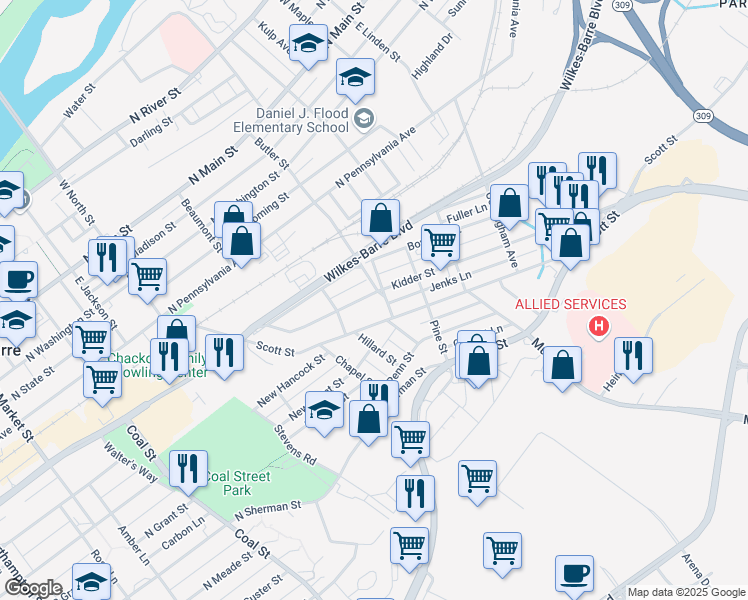 map of restaurants, bars, coffee shops, grocery stores, and more near 133 Kidder Street in Wilkes-Barre