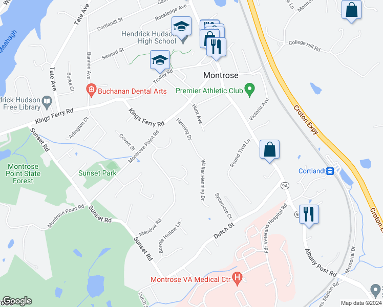 map of restaurants, bars, coffee shops, grocery stores, and more near 33 Henning Drive in Montrose