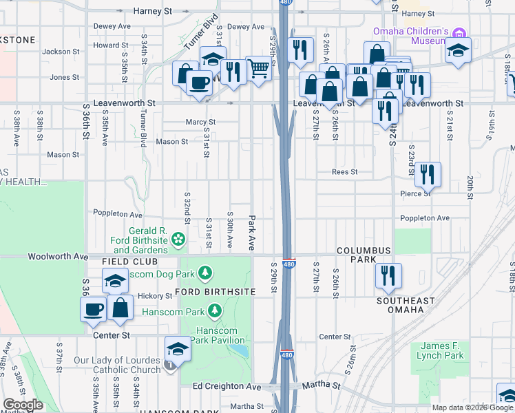 map of restaurants, bars, coffee shops, grocery stores, and more near in Omaha