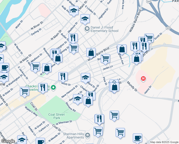 map of restaurants, bars, coffee shops, grocery stores, and more near 133 Kidder Street in Wilkes-Barre