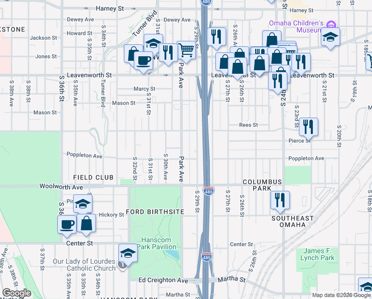 map of restaurants, bars, coffee shops, grocery stores, and more near 1135 Park Avenue in Omaha