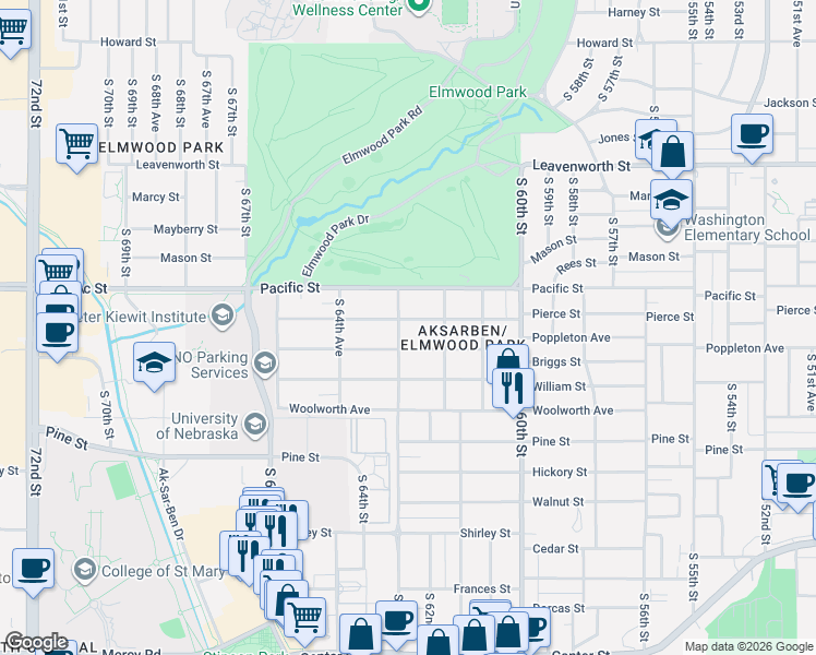 map of restaurants, bars, coffee shops, grocery stores, and more near 6228 Poppleton Avenue in Omaha
